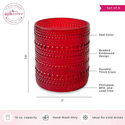 Kate Aspen Hobnail Beaded Red Drinking Glasses Set of 6, (10 oz) Vintage Glassware Set Cocktail Glass Set, Juice Glass, Water Cups | Makes A Great Hostess Gift or Gift for New Home Owners