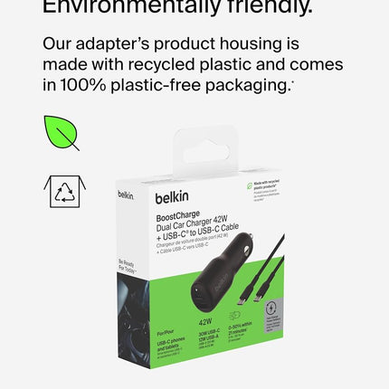 Belkin BoostCharge Dual Car Charger 42W w/Fast Charge USB-C 30W PPS & 12W USB-A Ports + USB-C to USB-C Cable for Apple iPhone 16, 16 Pro, 16 Pro Max, iPhone 15, Samsung Galaxy S24, & More - Black