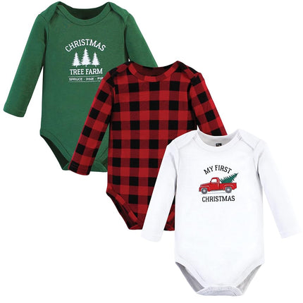 Hudson Baby unisex-baby Cotton Long-sleeve Bodysuits, Christmas Tree 3-pack, 3-6 Months