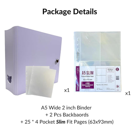 MEOWCAFE K-Keep A5 Wide 2 INCH Binder, Large Capacity Kpop Photocard Binder with 2 Backboards and 25 Single Sided A5 Slim Pages (Minimal Purple)