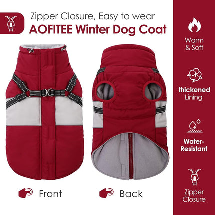AOFITEE Dog Winter Coat with Harness Waterproof Dog Jacket for Medium Dogs