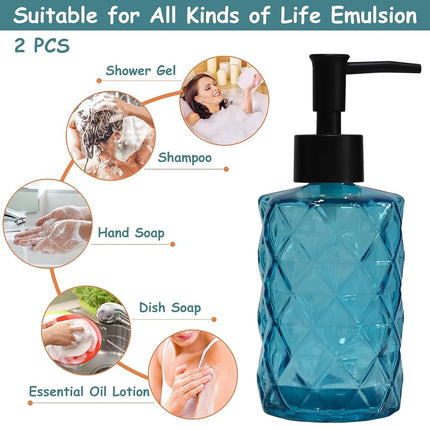 YYTSGG Blue Glass Soap Dispenser with Black Plastic Pump, 12oz, 2 Pack