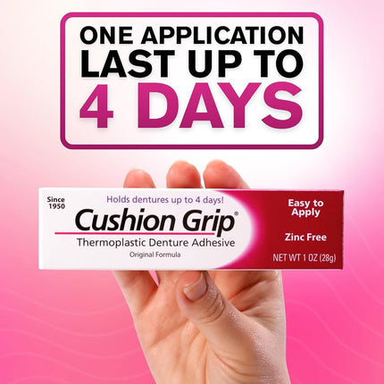 Cushion Grip Thermoplastic Denture Adhesive, 0.35 oz (Travel Size) | Refits and Tightens Loose Dentures for Up to 4 Days | Non-Glue, Zinc-Free, Waterproof Formula, Acts Like a Soft Reliner