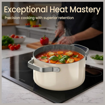 Olla de aluminio de 16 cuartos de galón color crema con tapa, olla antiadherente con revestimiento cerámico, libre de PTFE y PFAS, apta para horno hasta 500°F, asas remachadas de acero inoxidable, tapa de vidrio templado, compatible con todas las estufas