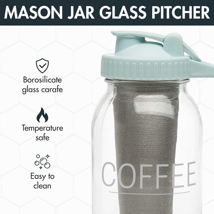 Cafetière à infusion à froid Primula Mason Jar avec filtre en acier inoxydable et couvercle verseur facile, pichet en verre durable qui s'adapte à la plupart des portes de réfrigérateur, lavable au lave-vaisselle, fabriquée sans BPA, 2 litres, Aqua