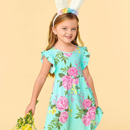 The Children's Place Robes décontractées à manches courtes pour bébés et tout-petits, motif floral aqua, 9-12 mois