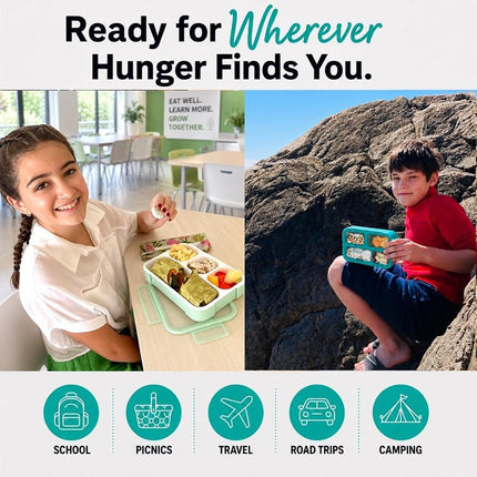Leakproof Bento Lunch and Snack Boxes | Food Prep & Meal Planning Portion Containers for Kids and Adults | BPA Free | Microwave & Dishwasher Safe | Accessories. Blue & Green Large, 2 Blue Mini