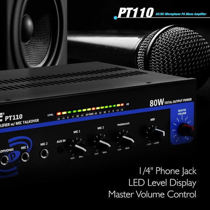 Pyle-Home PT110 80W AC/DC Microphone PA Mono Amplifier with 70V Output