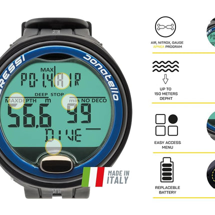 CRESSI Donatello Diving Computer - Professional Wrist Diving and Apnea Dive Computer, Black/Blue, One Size, Unisex Adult