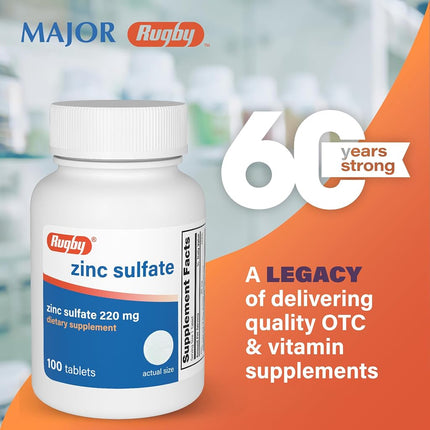 Rugby Zinc Sulfate 220mg Tablets Supplement 100 Count Bottle