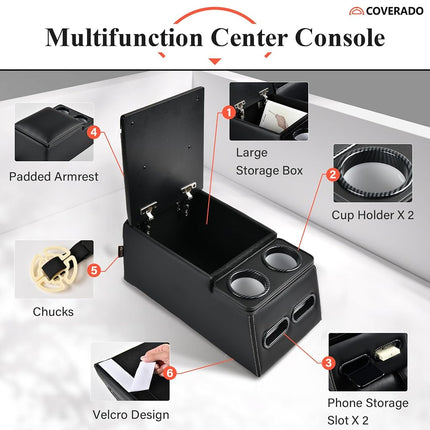 Coverado Car Center Console, Consolas universales para asientos traseros, Organizador y almacenamiento de asientos de camión, Organizador de coche para asientos traseros con portavasos, Caja de reposabrazos central (Regular, Negro)