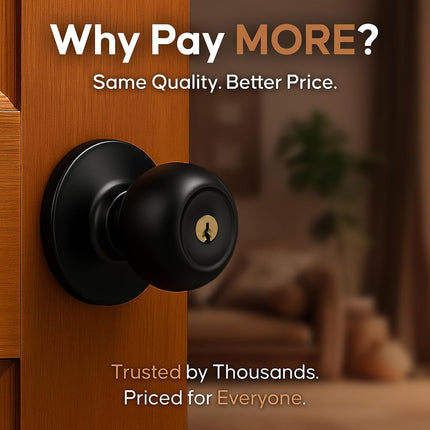 Copper Creek Matte Black Door Knobs - Keyed Entry Function, Locking Door Knob with Key, Locking Interior/Exterior Door Handle, Lockable Door Knob for Bedroom, Bathroom, and Room Doors - 2 Pack