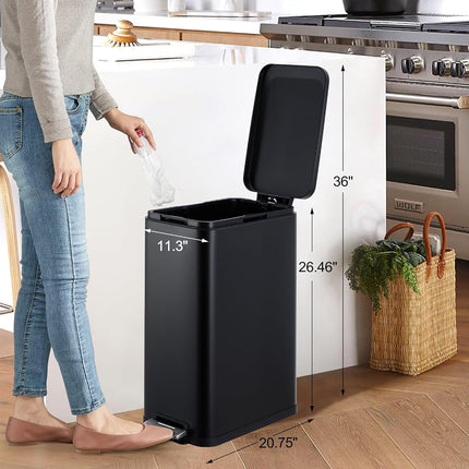 MilleLoom 13.2 Gallon / 50L Kitchen Trash Can, Slim Stainless Steel Garbage Can with Removable Inner Bucket, Fingerprint-Proof Step Rubbish Bin with Soft-Close Lid for Narrow Space, Black