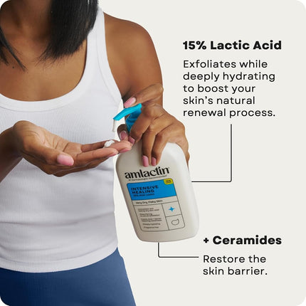 AmLactin Intensive Healing Body Lotion for Dry Skin – 14.1 oz Pump Bottle – 2-in-1 Exfoliator & Moisturizer with Ceramides & 15% Lactic Acid for Relief from Dry Skin (Packaging May Vary)