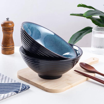 HOKELER Ceramic Japanese Ramen Bowl Set, 2 Sets Asian Pho Udon Soup Noodle Bowls with Spoons and Chopsticks (Starry Blue, 8 inches)