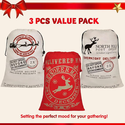JOYIN 3 PCS Christmas Large Canvas Gift Bag 26" x 19", Drawstring Santa Burlap Sack Reusable Personalized Cloth Pouch for Xmas Presents Package, Party Supplies, Hoilday Decoration, Black&White&Red