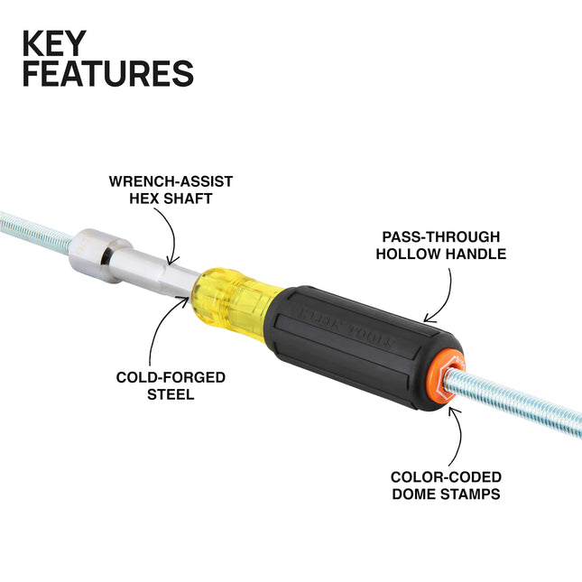 Klein Tools 65406MAGM Metric Magnetic Color-Coded Nut Driver, Hollow-Shaft, Heavy-Duty 6 mm Hex, Pass-Through Design, 6-Point Socket, and Cushion-Grip Handle