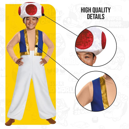 Disguise Super Mario Toad Costume for Kids, Official Nintendo Licensed Product, All In One Jumpsuit with Blue and Gold Vest Effect, Includes Toad Hat, 7-8 years