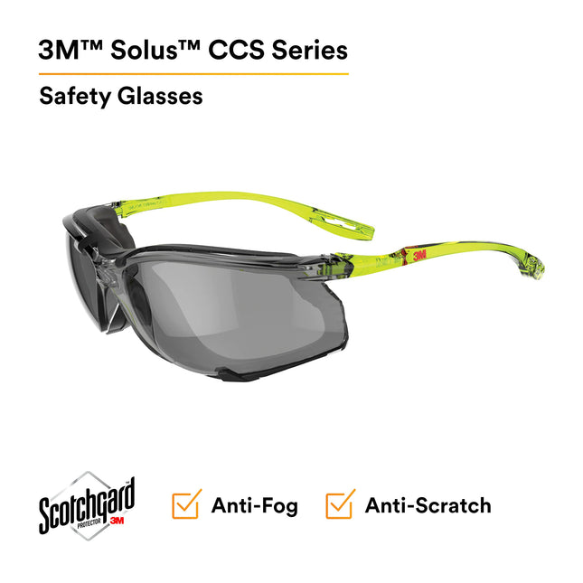 3M Solus CCS Series, SCCS02SGAF-GRN-F, Scotchgard Anti-Fog Coating, Gray AF-AS Lens, Foam Gasket