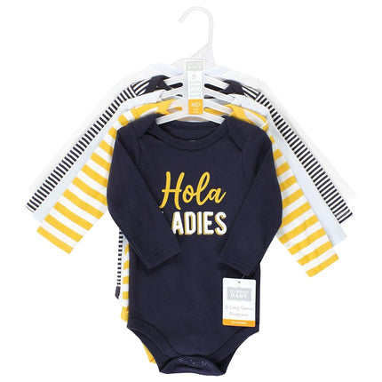 Hudson Baby Unisex Baby Cotton Long-Sleeve Bodysuits, Hola Ladies 5-Pack, 9-12 Months, Hola Ladies 5-pack, 9-12 Months