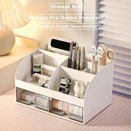COMFYROOM Organizador de escritorio con 6 compartimentos y 2 cajones, organizador de maquillaje de plástico, portalápices para almacenamiento de escritorio, organizador de escritorio para útiles escolares, hogar, oficina (blanco-2 unidades)
