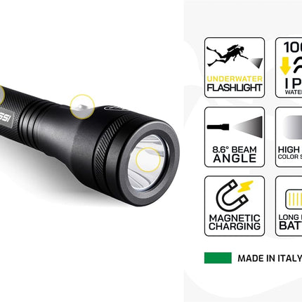 Cressi Astra 1200 Torch Black - High Luminosity Rechargeable LED Underwater Torch 1200 Lumen Waterproof IPX8 100m, Unisex Black and Compact for Diving, Fishing, Aquatic Explorations