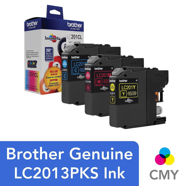 Cartuchos de tinta Brother originales de rendimiento estándar a color, LC2013PKS, paquete de tres tintas de repuesto a color, incluye 1 cartucho de cian, magenta y amarillo, rendimiento de página de hasta 260 páginas/cartucho, LC203