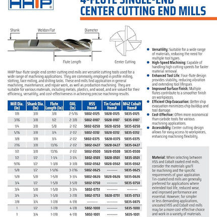 HHIP 5828-0751 3/4 x 3/4" 4 Flute TiN Single End Center Cut End Mill