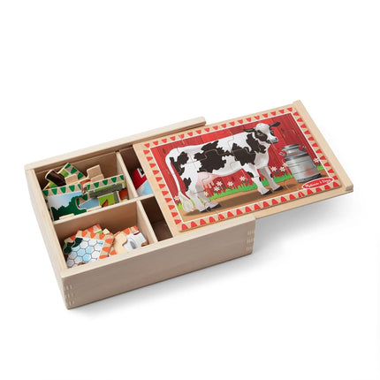 Melissa & Doug Farm Jigsaw Puzzles in a Box (Four Wooden Puzzles, Beautiful Artwork, Sturdy Wooden Storage Box, 48 Pieces, 20.32 cm H x 15.24 cm W x 6.35 cm L)