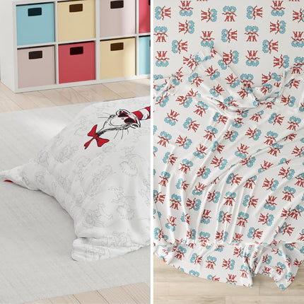 Dr. Seuss Cat in The Hat Kids Bedding, 7 Piece Full Bed Set, Soft Cozy Reversible Comforter and Sheet Set with Sham, Officially Licensed Product by Franco