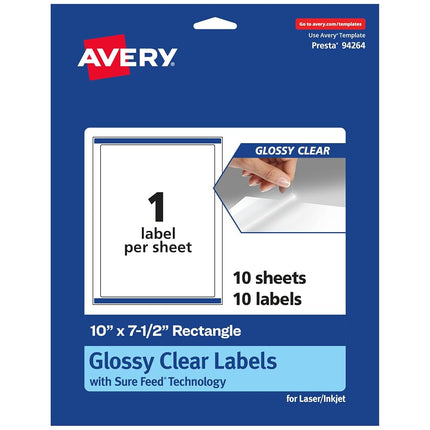 Avery Glossy Clear Rectangle Labels with Sure Feed, 10" x 7.5", 10 Glossy Clear Labels, Laser/Inkjet Printable Labels