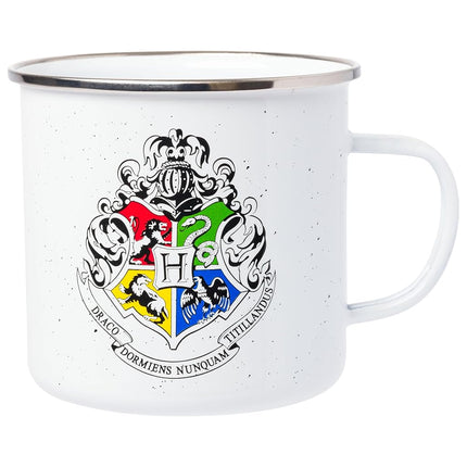 Silver Buffalo Harry Potter Hogwarts Varsity Alumni Features Hogwart House’s Crest Gryffindor, Slytherin, Hufflepuff, and Ravenclaw Enamel Camper Mug, 21 Ounces