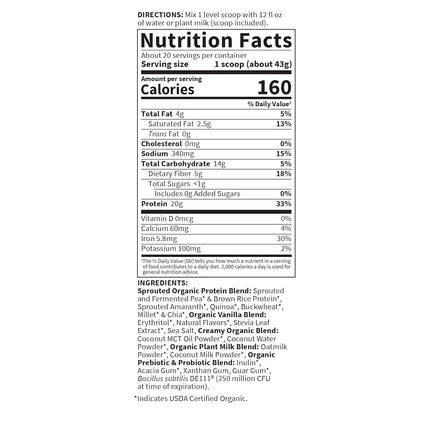 Garden of Life Creamy Vanilla Cookie Protein Powder + Oatmilk 20g Organic Vegan Plant Based Protein, Coconut Water, MCTs, Sprouted Grains, Prebiotics, Probiotics – Non-GMO, Gluten-Free, 1.90 LB