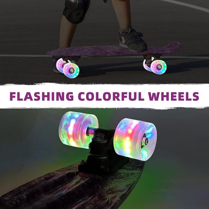 Nattork Skateboards 22 Inch Mini Cruiser Purple Skateboard Complete Retro Skate Boards with Colorful Light Up PU Wheels for Kids Girls Boys Beginners