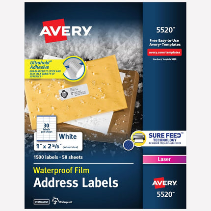 Avery Waterproof Printable Address Labels with Sure Feed, 1" x 2-5/8", White, 1,500 Blank Mailing Labels (5520)