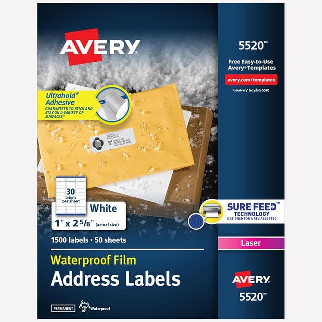 Avery Waterproof Printable Address Labels with Sure Feed, 1" x 2-5/8", White, 1,500 Blank Mailing Labels (5520)