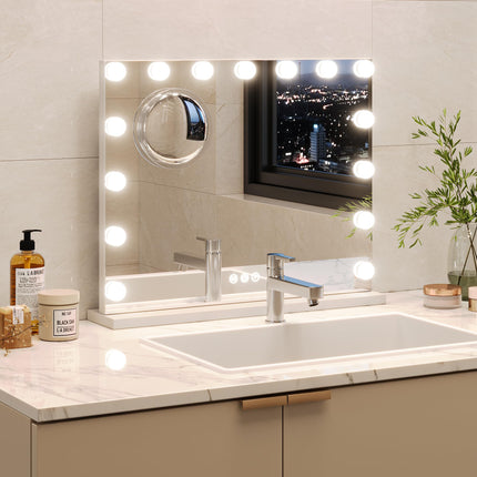 GAOMON 2024 New Vanity Mirror with Lights, Elegant Lighted Vanity Mirror, 15 LED Bulbs, 3 Light Settings, 3X Zoom Mirror - Detachable, Tabletop Design with Metal Frame, White (23" x 18")