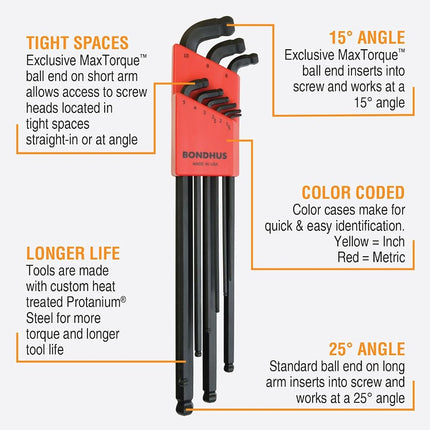 Bondhus, SDBLX9MMXL Stubby Double BALLEND HEX Key Long Series Set 1.5MM-10MM, 67099