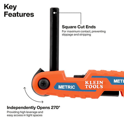 KLEIN TOOLS 70540M Compact Folding Hex Key Set, 8-Key Metric Sizes 1.5mm to 8mm, Industrial Strength Heat Treated Alloy Steel