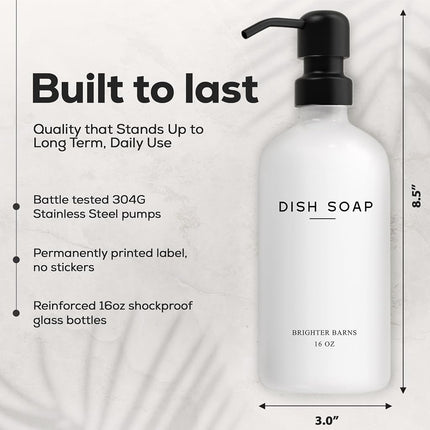 White Glass Hand and Dish Soap Dispenser Set by Brighter Barns - Kitchen Soap Dispenser & Stainless Steel Pump - Glass Bottles for Kitchen Sink - Farmhouse Home Decor, Bathroom Accessories (White)