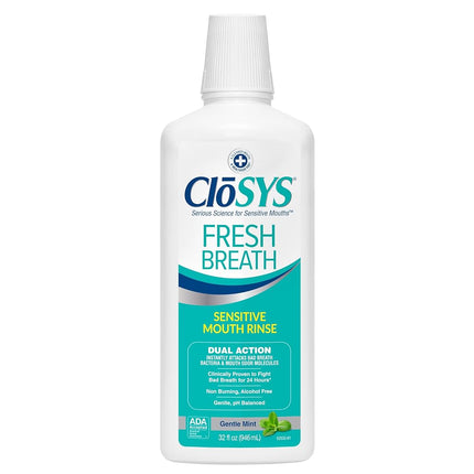 CloSYS Sensitive Antimicrobial Mouthwash, 32 Ounce, Gentle Mint, Alcohol Free, Dye Free, pH Balanced, Helps Soothe Mouth Sensitivity, Kills Germs That Cause Bad Breath