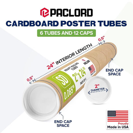Tubos de envío de papel kraft reforzado de 5.08 cm x 60.96 cm, paquete de 6 tubos con 2 tapas cada uno – Tubo para póster aprobado por USPS – Tubo de cartón fabricado en EE. UU. para enviar y almacenar pósteres, impresiones, obras de arte o documentos
