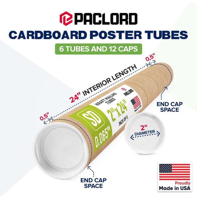 2" x 24" Reinforced Kraft Paper Mailing Tubes, Pack of 6 Tubes with 2 Caps Each – USPS Approved Poster Tube – Made in USA Cardboard Tube for Shipping and Storing Posters, Prints, Artwork, or Documents