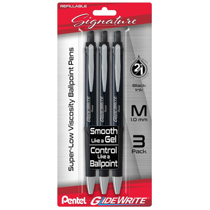 Pentel Glidewrite Signature Ballpoint Pen, (1.0mm) Medium, Black Barrel, Black Ink, 3-pk (BX930ABP3A)