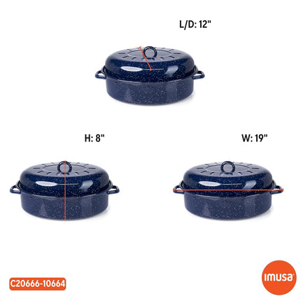 IMUSA USA Rôtissoire ovale couverte en émail moucheté bleu style vintage traditionnel 18 po