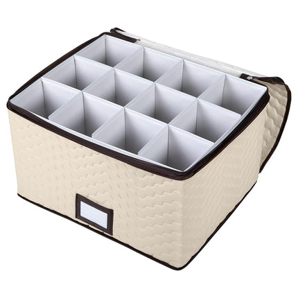 Wine Glass Storage Box with Dividers - Holds 12 Standard Size Wine Glasses up to 10" Tall - Stemware Storage Case - Protects Fine China - Durable Quilted Microfiber Bin with Carry Handles