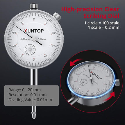 XUNTOP Dial Indicator 20mm/0.01mm with 132lbs/60kg Magnetic Base,Imperial Dial Test Gauge Set for Lathe,3D Printer,CNC,Car,Laboratory