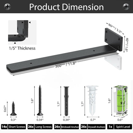 Heavy Duty Shelf Brackets 12 inch (1/5") Thick, 6 Pack Floating Hidden Shelf Brackets, Rustic Industrial Shelf Brackets with Modern Iron Finish
