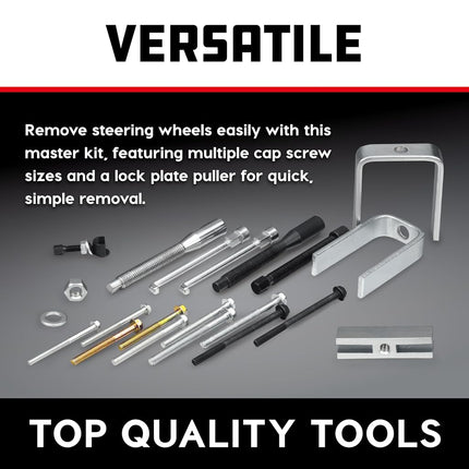 Powerbuilt Master Steering Wheel and Lock Plate Puller Kit, Foreign and Domestic Vehicles, 16 Piece Car Repair Tool Set - 648748