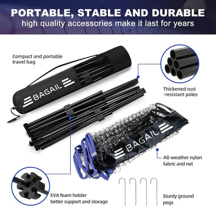 BAGAIL Badminton Net, Foldable Nylon Net, Height Adjustable Stand and Portable Carry Bag, Easy to Assemble or Disassemble, Ideal Recreational Sports Net for Tennis and Kids Badminton, 3m, Blue